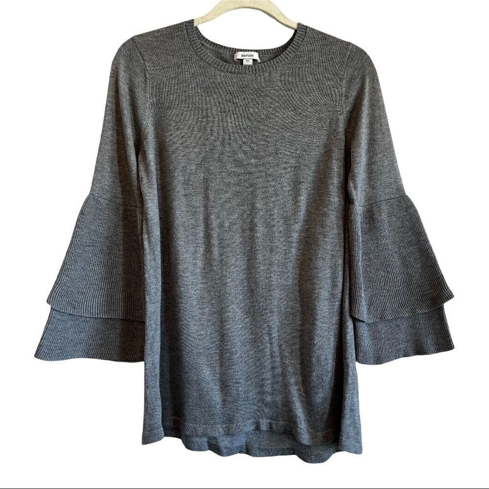 Kensie Women's Size M Grey Tiered 3/4 Sleeve Sweater Crew Neck Light Weight